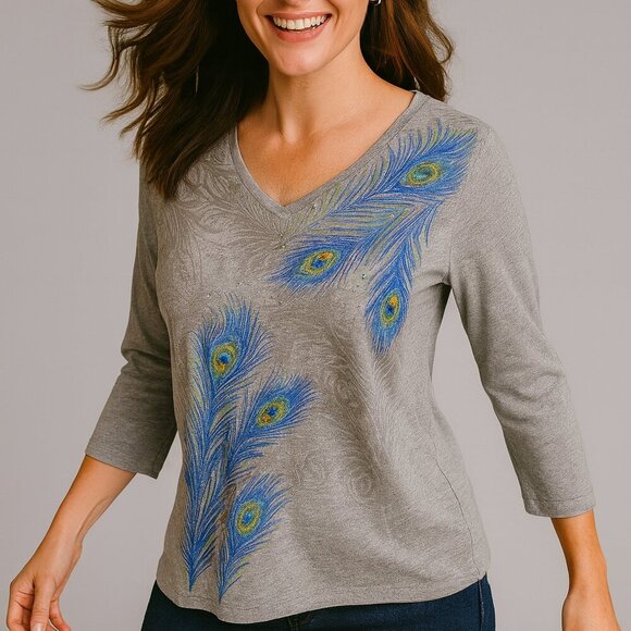 Karen Scott Large Grey Blue Peacock Feather Sparkle V Neck Top 3/4 Sleeve Boho - Picture 1 of 6